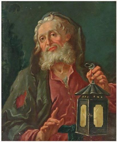 École Française du XIXe siècle Vieillard à la lanterne. Peinture sur toile. 65 x...