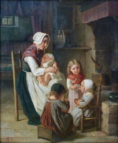 Jules TRAYER (1824 - 1908/09) Le souper des enfants. Huile sur panneau signé en bas...