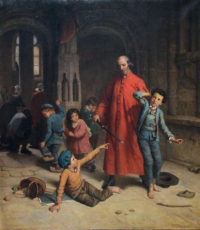 Eugène François FINES (1826 - ?) Le sacristain. Huile sur toile signée en bas à droite....
