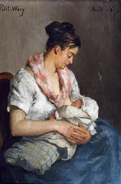 Georges PETIT-WERY (1845 - 1881) Mère allaitant. Huile sur toile signée en haut à...