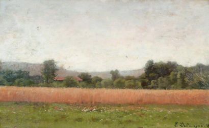 Léon DALLEMAGNE (1837 - 1907) Les champs de blé, 1878. Huile sur panneau signé en...
