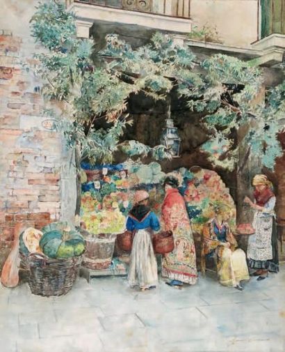 Ignio COBIANCHI (XIXe - XXe) La marchande de fruits. Fine aquarelle signée en bas...