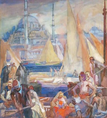 Charles Dominique FOUQUERAY (1869 - 1956) Dans le port d'Istanbul, 1919. Aquarelle...