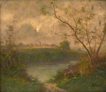 Aimé Nicolas MOROT (1850 - 1913) Vue du village en bord de rivière. Huile sur panneau...