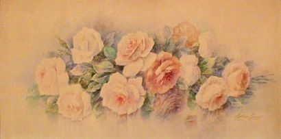 Madelaine RENAUD (XXe) Nature morte au bouquet de roses. Importante aquarelle sur...