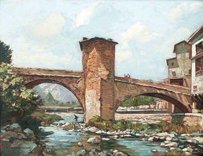 Gustave VIDAL (1895 - 1966) Le pont de Sospel. Huile sur toile, signée en bas à gauche....