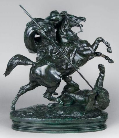 Antoine Louis BARYE (1795 - 1875) Cavalier arabe tuant un lion. Epreuve en bronze...