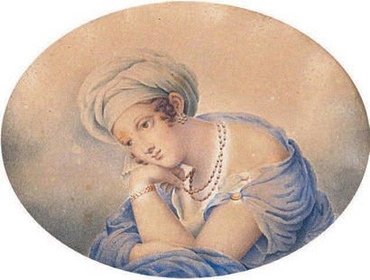 ECOLE FRANÇAISE début du XIXe siècle Odalisque rêveuse Aquarelle à vue ovale dans...