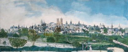 ECOLE DU XVIIIe SIÈCLE Vue de Rouen Aquarelle gouachée. Vue: 63,5 x 26,5 cm