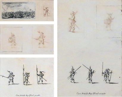 Jacques CALLOT (1592 - 1635) Le combat à l'épée - exercices militaires. Deux planches...