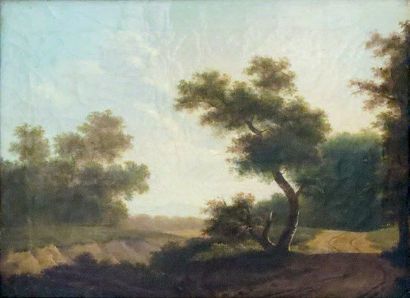 BUDELOT (attribué à) Paysage boisé. Peinture sur toile. 24 x 32,5 cm