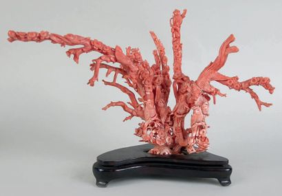 null Perroquets sur un arbre en fleurs. Fine sculpture en corail rose. Travail chinois...