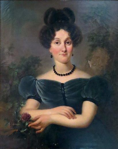 École Française du XIXe siècle Portrait de femme à l'oeillet. Huile sur toile. 81,2...
