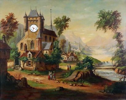 null Tableau Horloge début XIXe siècle Huile sur toile à décor de scène de village...