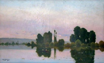 Henri-Jacques DELPY (1877 - 1957) Promeneurs en barque au coucher de soleil. Huile...
