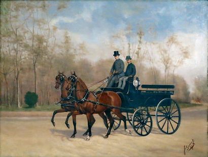 John GRANT (XIXe) Calèche tirée par deux chevaux dans Hyde Park, 1887. Huile sur...