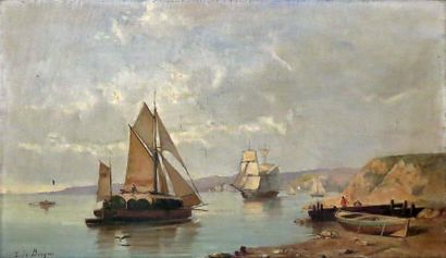 Tony François DE BERGUE (1820 - 1890) Bateaux le long des côtes. Huile sur toile...