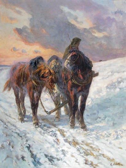 Léon Georges CALVES (1848 - 1923) Attelage de chevaux dans la neige. Huile sur toile...