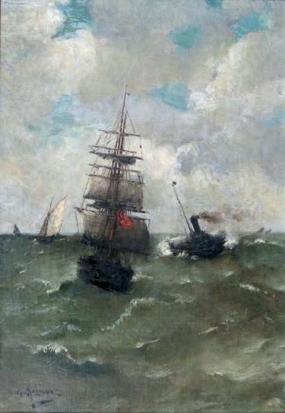 Georges HARQUETTE (XIX - XXe siècle) Dieppe, sortie de port par gros temps. Huile...
