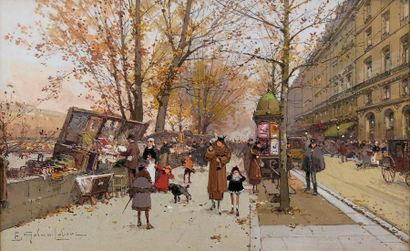 Eugène GALIEN-LALOUE (1854 - 1941) Les bouquinistes au Châtelet à Paris. Gouache...