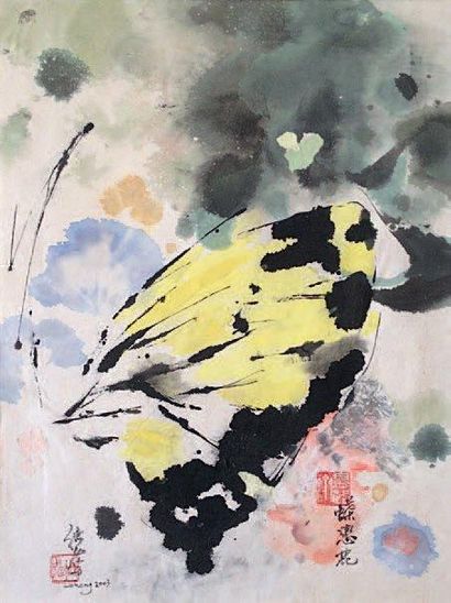 CHEN DEHONG (né en 1936) Le papillon. Aquarelle et encre de chine signée et datée...