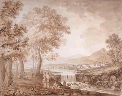 ECOLE DU XVIIIe SIÈCLE Paysage animé de chasseurs et promeneurs, 1792.Sanguine, lavis...
