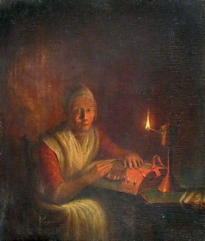 Godfried SCHALKEN (1643 - 1706) (attribué à) La dentelière à la lampe.Peinture sur...