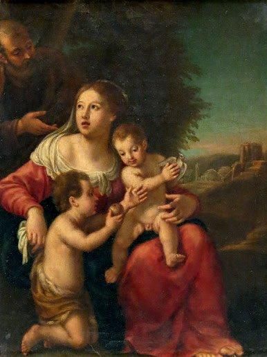 École BOLONAISE de la fin du XVIIe siècle La sainte Famille avec Saint Jean Baptiste.Toile....