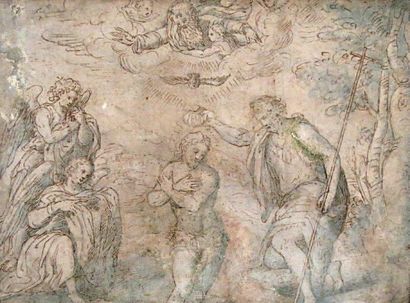 Ecole italienne du XVIIe siècle Le Baptême du Christ.Dessin à la sanguine et lavis...