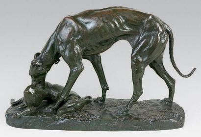 Antoine Louis BARYE (1795 - 1875) Levrette rapportant un lièvre.Epreuve en bronze...