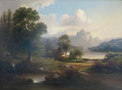 A. VIRBICKY (XIXe - XXe) Vue sur le lac.Huile sur toile signée en bas à gauche.73,8...
