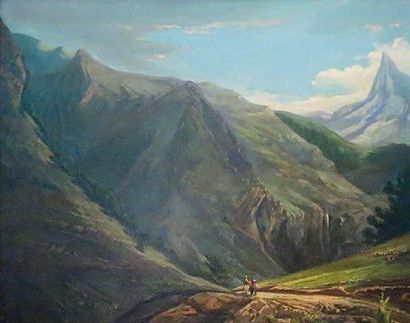 École du XIXe siècle Promeneurs sur un chemin de montagne.Huile sur toile.73 x 92...