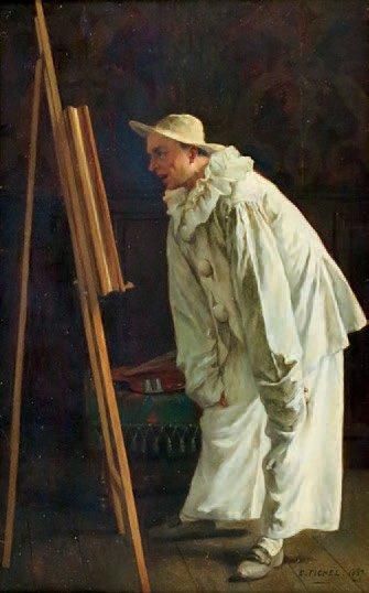 Eugène Benjamin FICHEL (1826 - 1895) Pierrot dans l'atelier du peintre, 1857.Huile...