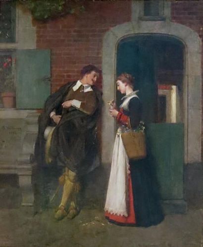 Florent WILLEMS (1823 - 1905) Conversation galante, 1897.Huile sur panneau signé...
