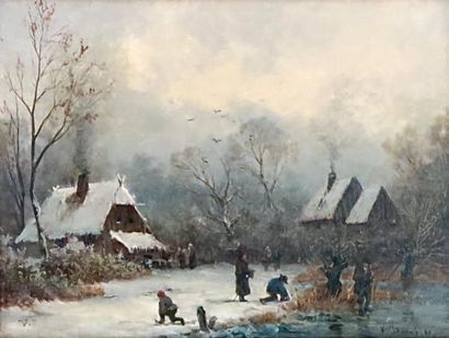 Victor PUHONNY (1838 - 1909) Paysage de neige, 1880.Huile sur panneau signé et daté...