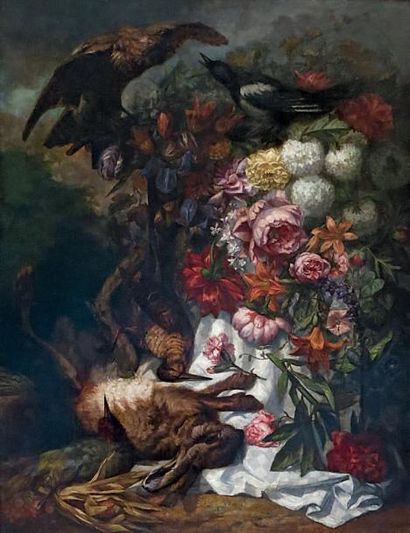 Jules Antoine PELLETIER (1825 -?) Nature morte aux fleurs, oiseaux et lièvre, 1861.Huile...