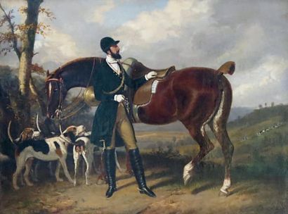 Philippe LEDIEU (1805 -?) La halte pendant la chasse.Huile sur toile signée en bas...