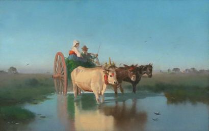 ROSA BONHEUR (1822 - 1899) Couple de paysans italiens menant un boeuf, un âne et...