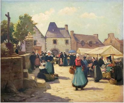 Henri Alphonse BARNOIN (1882 - 1940) Scène de marché en Bretagne.Huile sur toile...