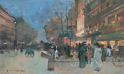 Eugène GALIEN-LALOUE (1854 - 1941) Les Grands Boulevards à la tombée du jour. Gouache...