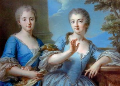 École FRANÇAISE du XVIIIe siècle Jeunes filles au perroquet. Pastel. 48,5 x 66 c...
