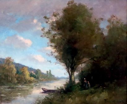 PAUL-DÉSIRÉ TROUILLEBERT (1829 - 1900) Promeneuses en bord de rivière. Huile sur...