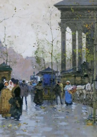 Eugène GALIEN-LALOUE (1854 - 1941) Place de la Madeleine. Gouache signée en bas à...