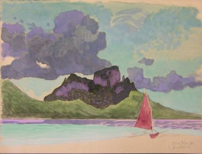 Jacques BOULLAIRE (1893-1976) Bora Bora et pirogue à voile, 1950. Aquarelle, signée,...