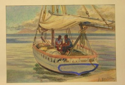 Jacques BOULLAIRE (1893-1976) Les deux pêcheurs. Pastel, signé en bas à droite. 26...