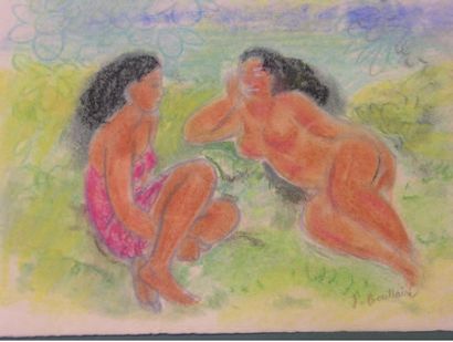 Jacques BOULLAIRE (1893-1976) Deux filles sur le rivage. Pastel, signé en bas à droite....