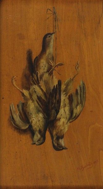 M. BOUCHARD Nature morte au gibier à plumes. Huiles sur panneau. 24,5 x 44,5 cm