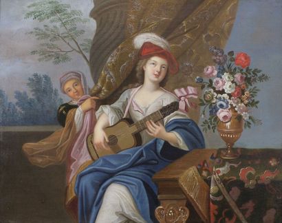ECOLE DU XVIIIe SIÈCLE La joueuse de guitare. Peinture sur toile. Provenance: selon...