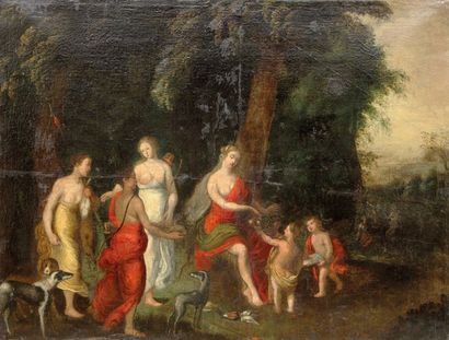 Ecole du XVIIe siècle. Entourage de Brueghel et Van Balen Diane et ses nymphes. Peinture...