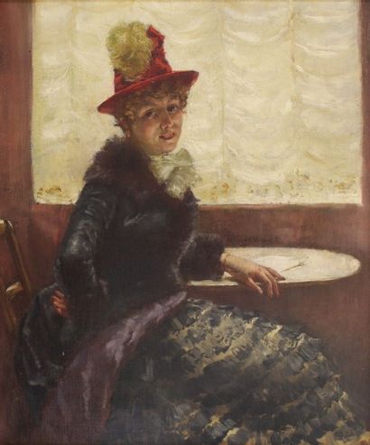 L. Henriette VINCENT (XIXe siècle) Femme accoudée à une table de café, 1897. Huile...